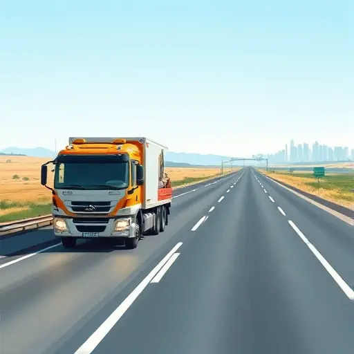 A realistic illustration of a tow truck (evacuator) driving on a long highway that stretches from Simferopol to Moscow, with subtle map-like hints of the route in the background and distant skylines representing the two cities, under a clear sky, showing dynamic motion and a sense of distance, without any text or signage