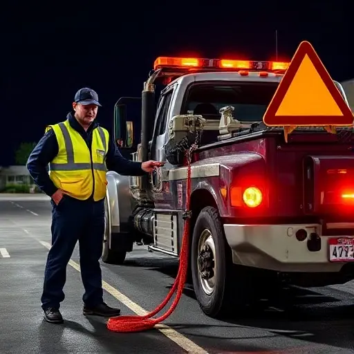 A tow truck operator standing beside a modern tow truck, equipped with a heavy-duty tow hook, safety lines, reflective vests, and a bright warning sign. The scene shows a clear, well-lit parking lot with a safe, organized setup for towing. The focus is on the equipment and safety gear, highlighting professionalism and readiness for safe towing operations.