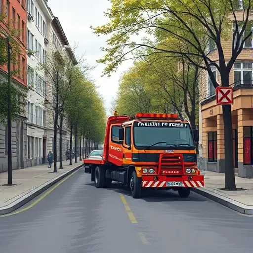 Эвакуатор на 3-й Павелецкий проезд: Полное руководство A realistic illustration of a tow truck on a quiet urban street called Pavletsky Proezd, showing the vehicle beside the road with surrounding buildings, trees, and a subtle guidebook atmosphere, without any text, letters, or numbers
