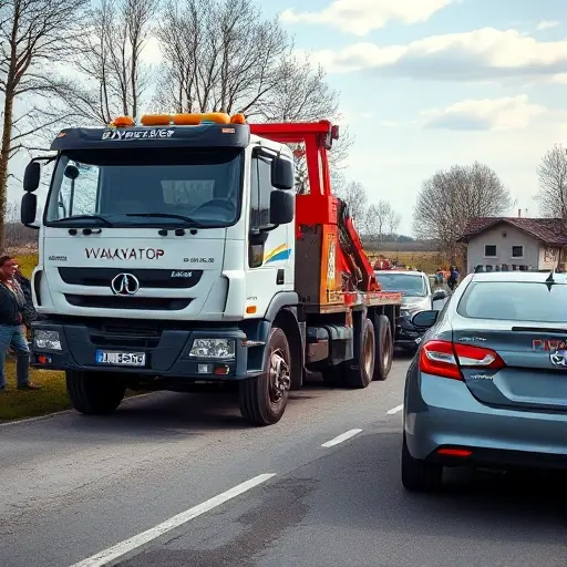 A realistic tow truck (эвакуатор) parked on a rural road in Surovikino, with a car being towed by the truck. The scene shows the tow truck’s front with its brand name visible, a small crowd of locals watching, and a backdrop of a typical Russian village landscape with trees and a modest house. The image should capture the truck’s heavy-duty design, the towed vehicle’s rear wheels hooked onto the tow bar, and a clear sky above. The composition should emphasize the tow truck’s role in helping stranded vehicles in Surovikino.