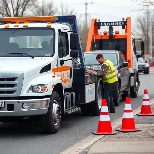 A realistic scene of a tow truck in Yoshkar-Ola preparing a car for towing. The image shows a tow truck parked beside a vehicle, a mechanic in a reflective vest inspecting the car, safety equipment such as reflective cones and a warning triangle nearby, and the tow truck’s winch and hook ready for use. The setting is an urban street with subtle city background, all depicted without any text, letters, or numbers.
