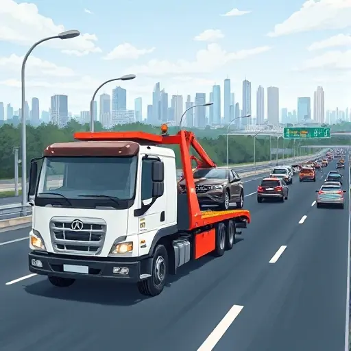 A realistic illustration of a tow truck on Vorobyovskoye Highway in Moscow, with a car being towed, a city skyline in the background, traffic lights, and surrounding traffic, no text or signage