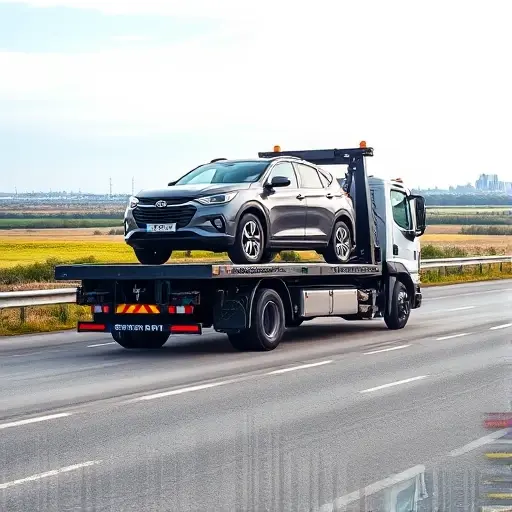 A detailed scene of a modern tow truck with a full loading platform, lifting a car onto its bed on a highway between Perm and Moscow. The background shows a mix of Russian countryside and distant city skyline, with clear sky and subtle road markings. The focus is on the tow truck's hydraulic arms securely holding the vehicle, emphasizing the mechanics of full loading. No text, logos, or people are present.