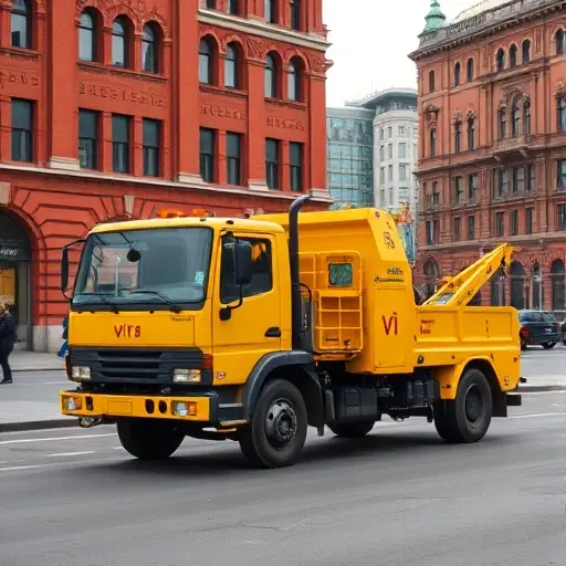 эвакуатор москва вао A bright yellow tow truck parked on a Moscow street, with iconic red-brick buildings and a subtle VАО logo on the side of the truck, rendered in high detail and small high quality