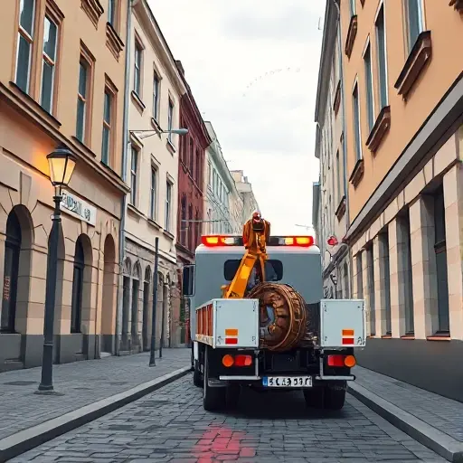 Эвакуатор в 1-м Павловском переулке: Полное руководство A realistic smallHQ style illustration of a tow truck (evacuator) parked on a narrow urban alley named 1st Pavlovsky Lane, with cobblestone pavement, street lamps, and surrounding low-rise buildings, showing the truck's hook and lights, under a slightly overcast sky, no people or signage visible