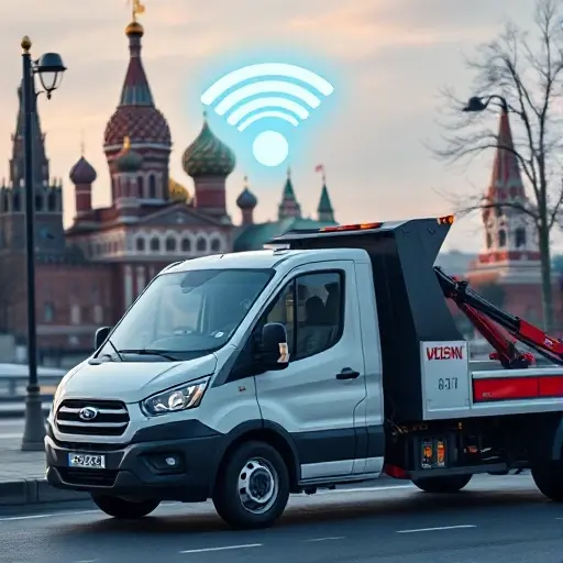 Эвакуатор по безналу в Москве: Полное руководство A modern tow truck with a driver, parked near a recognizable Moscow landmark such as the Kremlin, with subtle visual cues of cashless payment like a glowing contactless wave icon floating above the truck, no text or numbers, realistic smallHQ style