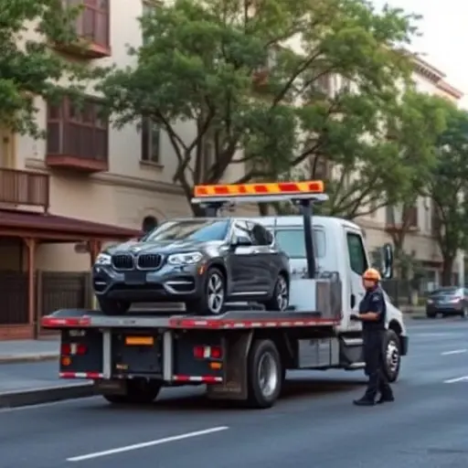Эвакуатор в 3-м Новом Переулке: Полное Руководство A realistic scene of a tow truck (evacuator) parked on a quiet urban street, with the street lined by modest apartment buildings and trees, a small car being lifted onto the truck's platform, and a professional driver in a uniform standing nearby. The atmosphere is daytime with soft natural lighting, emphasizing the vehicle and the surrounding city environment without any visible text, signs, or numbers.