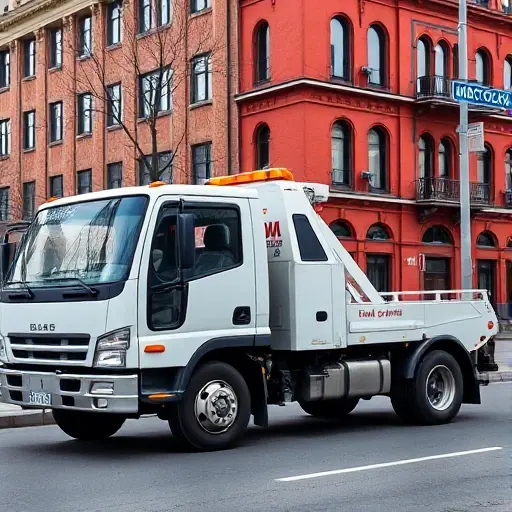 эвакуатор недорого в москве по реальным ценам A realistic scene of a tow truck parked on a Moscow street, with recognizable Moscow architecture such as a red brick building and a street sign in the background. The tow truck is modern, clean, and the driver is visible through the window, but no text or price tags are shown. The atmosphere is daytime with soft natural lighting.