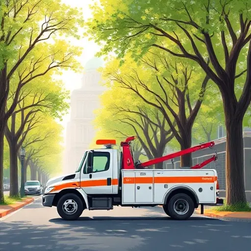 A detailed illustration of a tow truck (evacuator) parked on a tree‑lined avenue named First May Avenue, with spring foliage, gentle sunlight, and a cityscape background, showing the vehicle and the street environment without any text, letters, or numbers