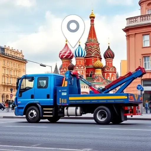 A realistic scene of a blue tow truck with a crane, parked on a Moscow street near a famous landmark such as Saint Basil's Cathedral, with surrounding city buildings and a subtle map pin icon hovering above the truck to suggest location, without any text or signage.