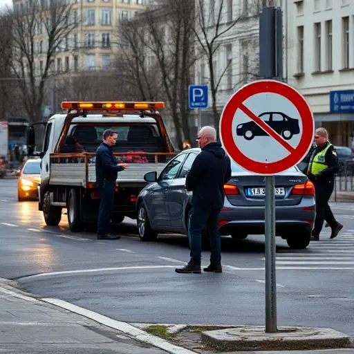 Эвакуатор Москва: Что делать при незаконной эвакуации? A dramatic scene on a Moscow street where a tow truck is illegally towing a car, a frustrated driver standing beside the vehicle, a police officer in the background, and a traffic sign with a red circle and a white line across a car symbol