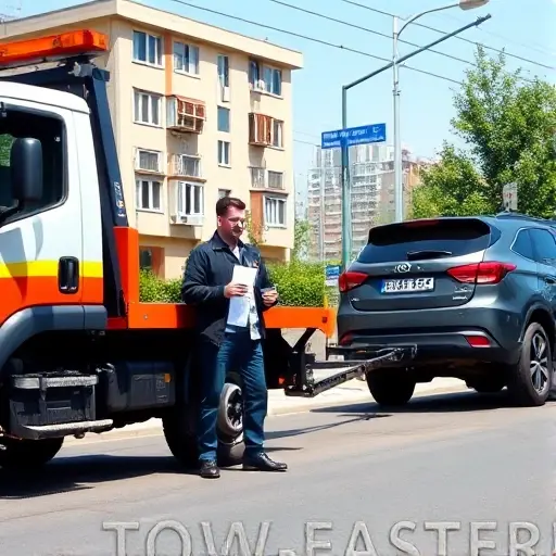 A realistic scene of a tow truck parked on a city street in the South-Eastern district of Moscow, with the driver standing beside the vehicle holding a clipboard and a smartphone, looking at a car that has been hooked up to the tow truck. In the background, a typical Moscow residential building and a street sign indicating the district. The atmosphere is daytime, clear sky, and the focus is on the interaction between the driver and the vehicle, emphasizing the practical aspects of ordering a tow service.