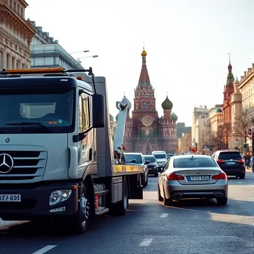 A realistic scene of a modern tow truck assisting a broken car on a busy Moscow street, with recognizable city elements such as the Kremlin dome silhouette and typical Moscow architecture in the background, under a clear sky. The focus is on the tow truck, the vehicle being towed, and the urban environment, without any text, letters, or numbers in the image.