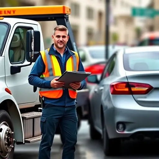 A tow truck driver in action, standing beside a tow truck with a car being towed, wearing a reflective vest and holding a clipboard, with a city street background, showing professionalism and readiness