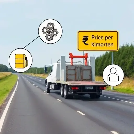A tow truck on a road with visual representations of cost components: a fuel pump icon, a gear icon for depreciation, and a person icon for salary, all arranged around the truck, with a price per kilometer sign that shows a symbol but no textual labels