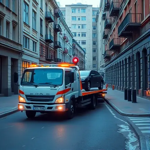 A realistic depiction of a tow truck on Bolshoy Vlasyevsky lane, showing the truck parked on a narrow city street with a car being towed, city buildings in the background, no text or signage