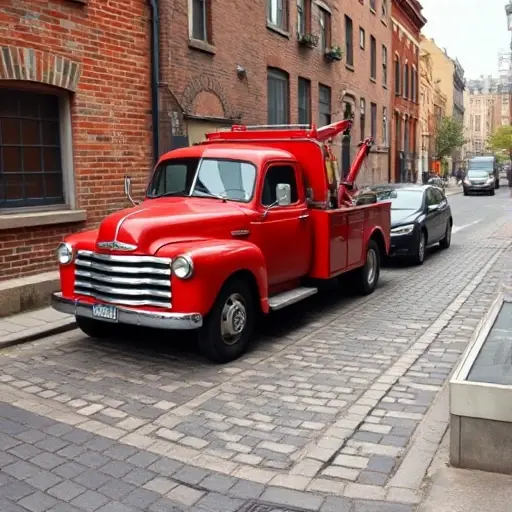 Эвакуатор в 1-м Новокузнецком переулке: Полное руководство A classic red tow truck parked on a narrow cobblestone lane with a small brick building on one side and a parked car being towed, set against a subtle cityscape background, no text or lettering visible