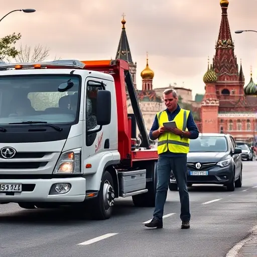 A modern tow truck parked on a Moscow street, with a driver in a reflective vest holding a clipboard, standing next to a car being towed, with the iconic Moscow skyline and a recognizable landmark such as St. Basil's Cathedral in the background. The scene should convey the professional role of the driver during an evacuation, with no text or lettering visible.