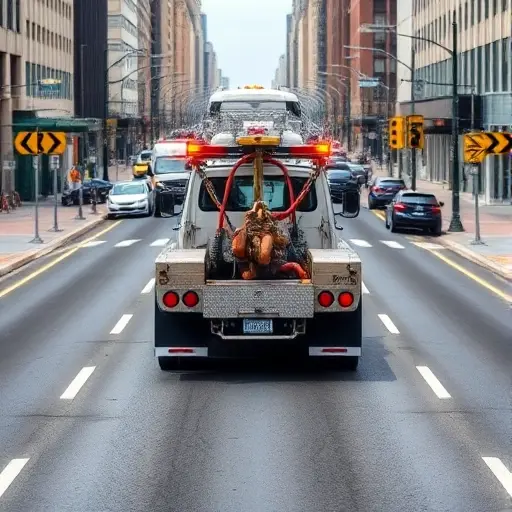 A realistic tow truck positioned in the first transverse lane of a busy urban street, showing the vehicle's hook and lights, with surrounding road markings and traffic signs, under clear daylight, focusing on the truck and lane without any text or logos