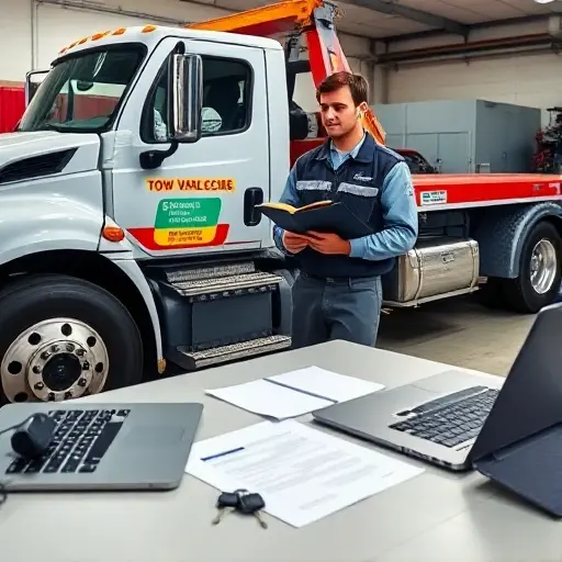 A tow truck driver in a clean uniform standing beside a modern tow truck, holding a clipboard with paperwork, looking focused as if preparing accompanying documentation. The scene includes a desk with a laptop, a stack of forms, and a small pile of keys, all in a well-lit garage environment. No text or lettering should be visible.
