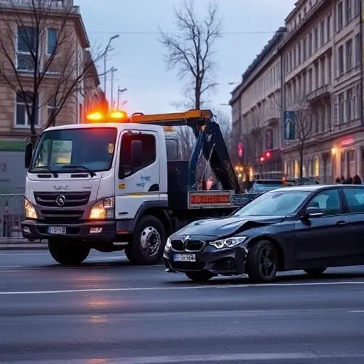 A tow truck parked on Bogucharskaya Street after a traffic accident, with a damaged car beside it, city street background, evening lighting, no people, no text