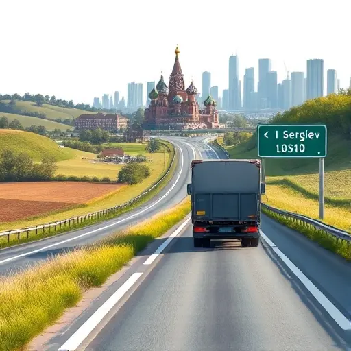 A realistic smallHQ style illustration of a tow truck traveling on a highway from the historic town of Sergiev Posad toward the Moscow skyline, with a road sign indicating distance, rolling countryside on one side and modern city skyscrapers on the other, under a clear sky.