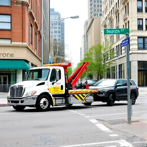 Эвакуация Автомобиля по Адресу 22 Проезд: Полное Руководство A tow truck pulling a car on a city street, with a street sign indicating an address, depicted in a realistic style, no text or lettering in the image