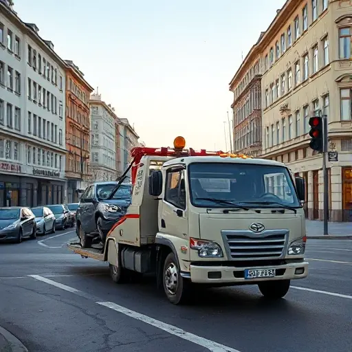 A realistic scene of a tow truck parked on Bolshaya Kalitnikovskaya Street after a traffic accident. The street is lined with typical Russian city buildings, a few parked cars, and a partially damaged vehicle being towed. The tow truck is in a neutral color, with its winch and hook visible. The background shows a clear sky, subtle street lighting, and a traffic light. No text or signage is present, and the focus is on the vehicle and the street environment.