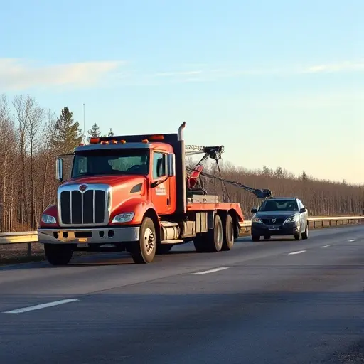 A realistic tow truck equipped with a winch pulling a car on a Belarusian highway, set against a clear sky and surrounding trees, with subtle hints of Belarusian landscape, no people, no text or signage