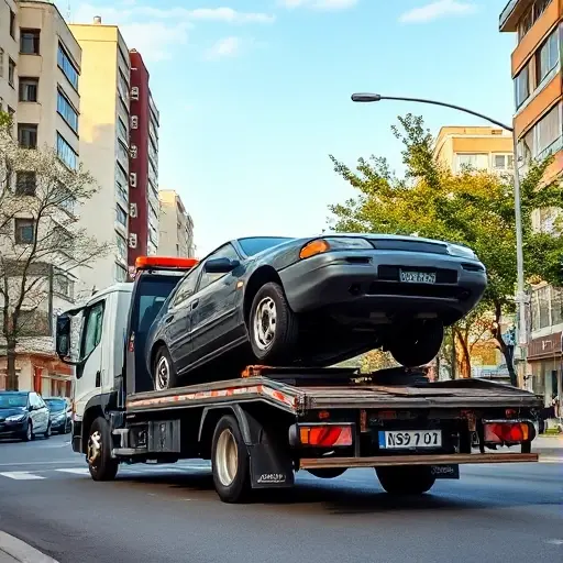 A realistic scene of a tow truck operating on a typical Eastern Moscow street, showing a broken-down car with a flat tire being lifted onto the truck's platform, surrounded by urban buildings and trees under a clear sky, conveying affordability and reliability without any text or signage