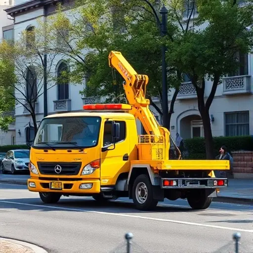 A modern yellow tow truck with a crane arm parked on a quiet city street with residential buildings in the background, daytime, clear weather, high detail