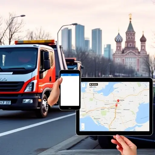 A tow truck parked on a Moscow street with a clear view of the city skyline, a driver holding a phone to call for assistance, a map of the Moscow-Balachikha area displayed on a tablet, and a car partially stuck on the curb. The scene should convey a step-by-step call process, with a calm, professional atmosphere and no visible text or signage.