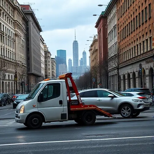 A compact tow truck pulling a passenger car on a Moscow street, with typical city buildings, street lamps, and a subtle hint of the Moscow skyline under an overcast sky, realistic lighting and atmosphere, no text or logos