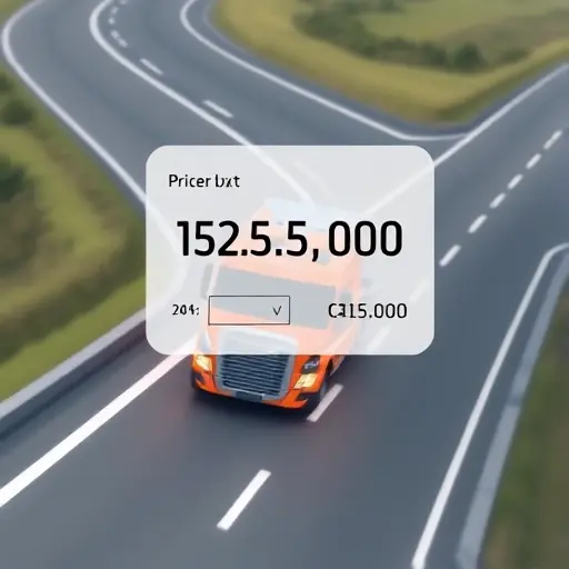 A realistic small-scale high-quality illustration of a tow truck driving along a highway with visible kilometer markers on the road, a floating transparent calculator overlay showing a cost calculation, and subtle visual cues indicating the difficulty of determining price per kilometer, without any text or numbers on the vehicle or road.