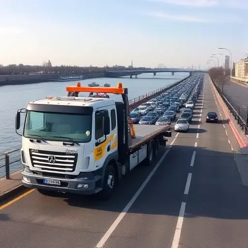 A tow truck parked on the Berezhkovskaya embankment by a river, with a loading area and a congested traffic jam of cars behind it. The scene shows a long stretch of road leading into the distance, emphasizing the journey and the challenges of towing. The setting is a city waterfront with a clear sky and subtle reflections on the water.
