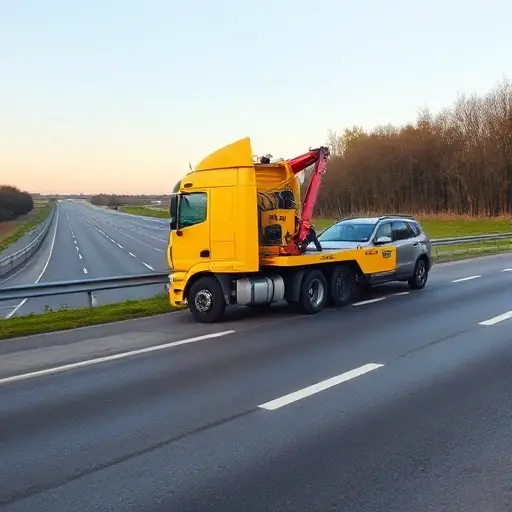 A realistic tow truck pulling a car on a highway between Moscow and Cheboksary, with a clear sky and Russian countryside scenery, the tow truck in bright yellow with a subtle reflective surface, the towed car in a neutral color, no logos, no bright neon lights, no unrealistic elements, the scene should convey the preparation and readiness for vehicle towing.