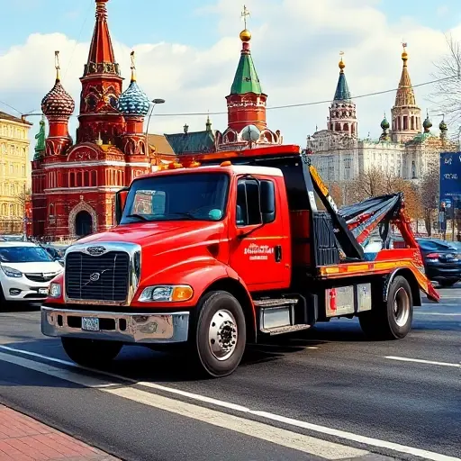 A realistic tow truck parked on a busy city street, with iconic landmarks such as the Kremlin or the Peter and Paul Fortress in the background, rendered in a detailed, high-quality style, without any text, letters, or digits in the image