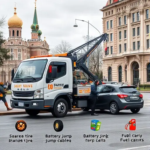 A realistic scene showing a modern tow truck with a crane, parked on a Moscow street near recognizable architecture, with a driver assisting a stranded car, illustrating additional services such as a spare tire, battery jump cables, and a fuel can, all without any text or signage.