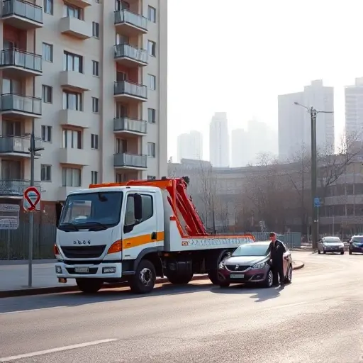A realistic scene of an affordable, reliable tow truck operating in Eastern Moscow: the tow truck is parked beside a modern apartment building with typical Eastern Moscow architecture, a city street with visible street signs (no text), and a friendly driver in a uniform assisting a small car that has broken down. The background shows a hint of the Moscow skyline with recognizable but generic buildings, and the atmosphere is bright and trustworthy.
