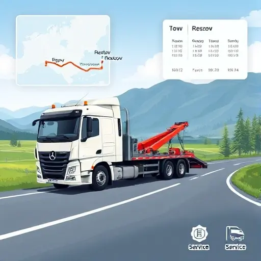 A realistic illustration of a modern tow truck parked on a scenic road between Rostov and Moscow, with a subtle map overlay showing the route, a price chart graphic in the background, and a service icon set, all in a clean, professional style.