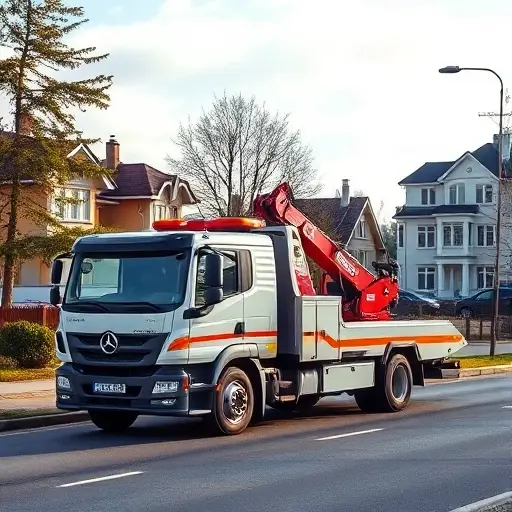 A modern tow truck with a crane, parked on a suburban road in the Moscow region, surrounded by typical Russian houses, trees, and a clear sky, illustrating a ready-to‑respond vehicle for emergency towing