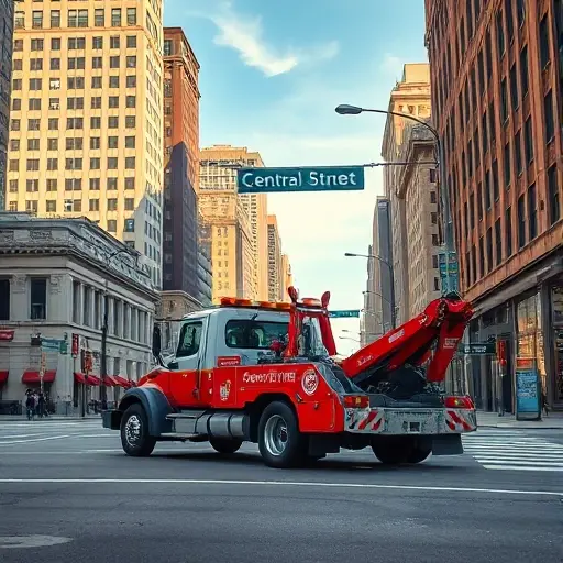 A realistic scene of a tow truck parked on a bustling city street named Central Street, with surrounding urban buildings, streetlights, and a clear sky; the tow truck is prominently featured, showing its hook and platform, with subtle details like traffic signs and pedestrians, but without any visible text, letters, or numbers