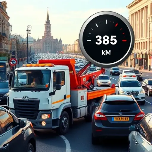 A realistic depiction of a tow truck parked on a busy Moscow street, surrounded by congested traffic. The scene includes a floating, stylized cost meter indicating the price per kilometer, but no visible text, letters, or numbers. The focus is on the tow truck, traffic flow, and the abstract representation of cost, all rendered in a clear, high-quality style.
