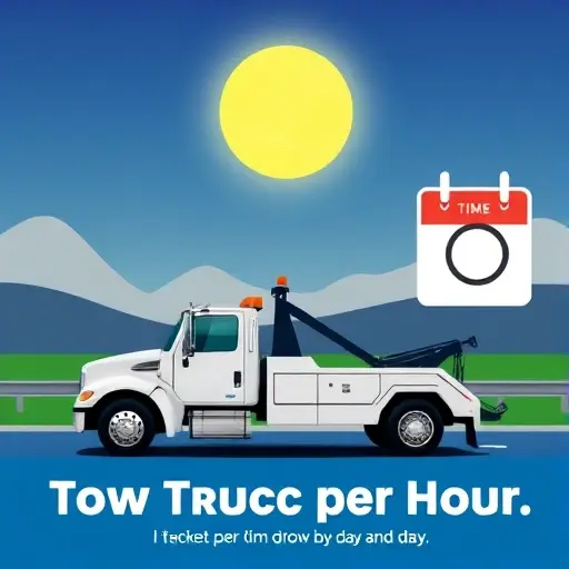 A tow truck parked on a road with a large sun or moon overhead to indicate time of day, and a calendar icon with a single highlighted day to represent day of week. The scene should convey the concept of tow truck cost per hour varying by time and day, without any text, letters, or numbers in the image.