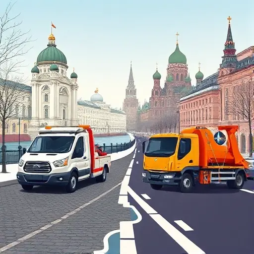Illustrate a stylized scene featuring tow trucks in both St. Petersburg and Moscow: a tow truck on a cobblestone street with the Neva River and St. Petersburg’s Palace of Culture in the background, and another tow truck on a modern Moscow avenue with the Kremlin silhouette behind it. The image should subtly incorporate a faint map overlay showing the route between the two cities, all rendered in a clean, high-quality illustration style without any text, letters, or logos.