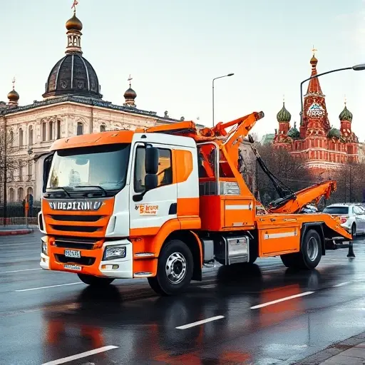 A modern tow truck with a bright orange and white color scheme parked on a Moscow street, with recognizable Russian architecture such as a historic building and the Kremlin silhouette in the background, under a clear sky. The scene shows the truck's hook and platform ready for a vehicle, with subtle reflections on wet pavement, conveying professional towing service in the city.