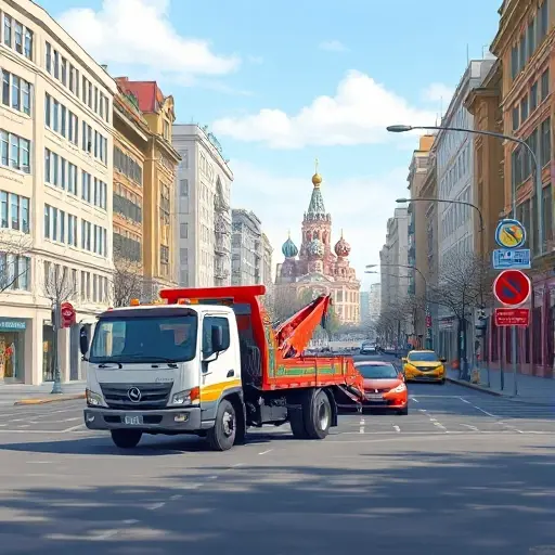 Эвакуатор Москва: Недорого, ЮВАО, Рядом со Мной – Полный План Статьи A realistic illustration of a tow truck on a Moscow street in the South-Eastern Administrative Okrug, with surrounding city buildings, traffic signs, and a clear sky, showing the vehicle assisting a car and conveying a sense of affordability and proximity