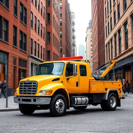 A bright yellow tow truck parked on a bustling city street, with tall brick buildings on either side, a cobblestone road, and a few pedestrians walking in the background, all depicted in a realistic, detailed style