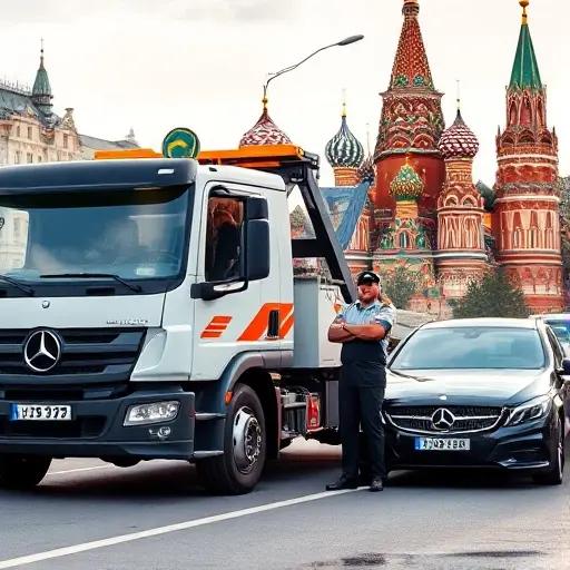 купить эвакуатор в москве и московской A realistic daytime scene on a Moscow street featuring a modern tow truck parked beside a luxury car, a friendly tow truck driver in uniform standing next to the vehicle, with iconic Moscow landmarks such as the Kremlin and St. Basil's Cathedral visible in the background, bright city lighting, no text or signage in the image