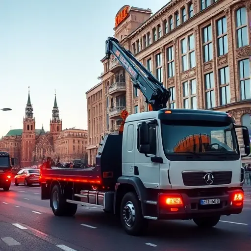 эвакуатор москва центр A realistic scene of a modern tow truck with a crane arm parked on a busy street in the heart of Moscow, with recognizable city architecture such as historic buildings and a glimpse of the Kremlin towers in the background, under a clear sky, showing the truck's lights and the urban environment without any signage or text.